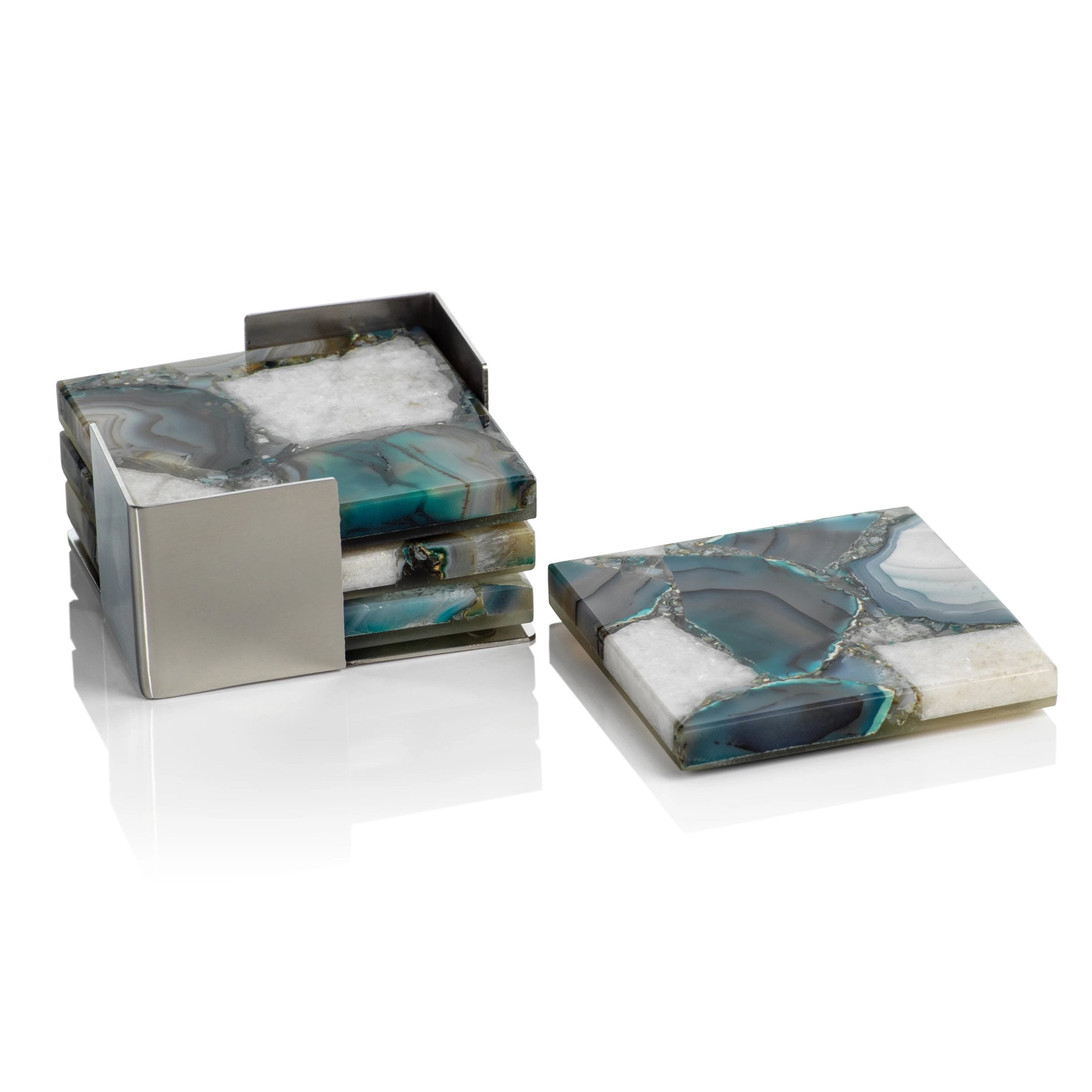 Set/4 Crete Agate Coasters on Metal Tray - Green/White