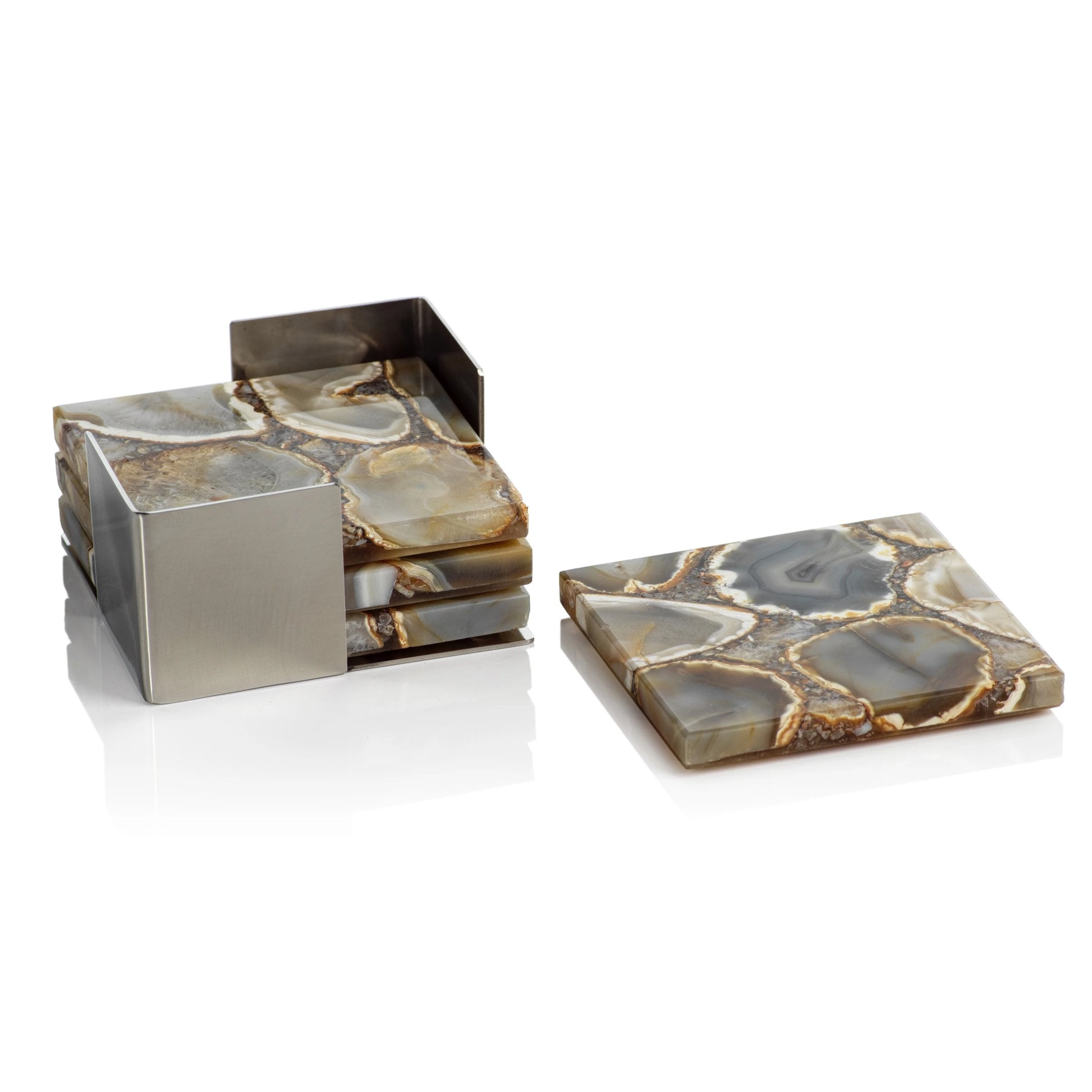 Set/4 Crete Agate Coasters on Metal Tray - Taupe/Brown