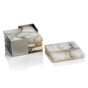 Set/4 Crete Agate Coasters on Metal Tray - Taupe/White