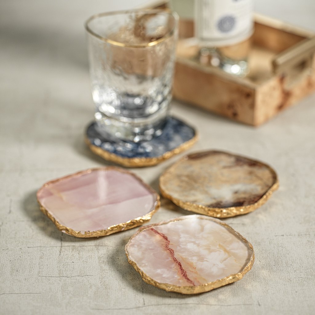 Agate Marble Glass Coaster with Gold Rim - Set of 4 - Image 3
