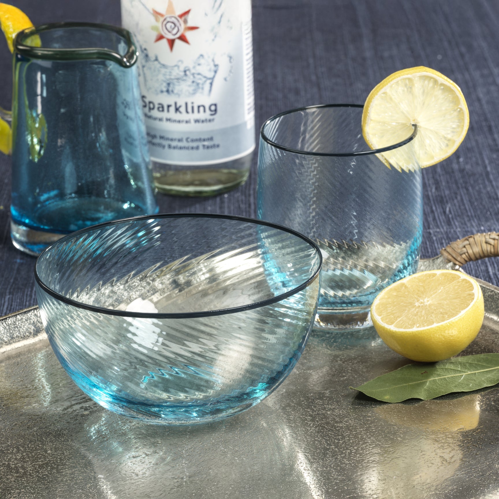Sicilian Swirl Glassware with Colored Rim - Aqua & Navy - Image 2