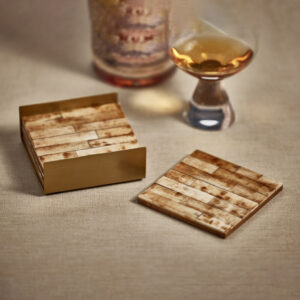 Antique Bone Coaster Set in Metal Tray - Brown & Gold