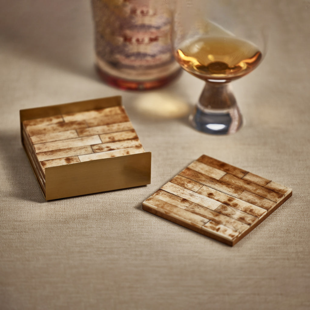 Antique Bone Coaster Set in Metal Tray - Brown & Gold