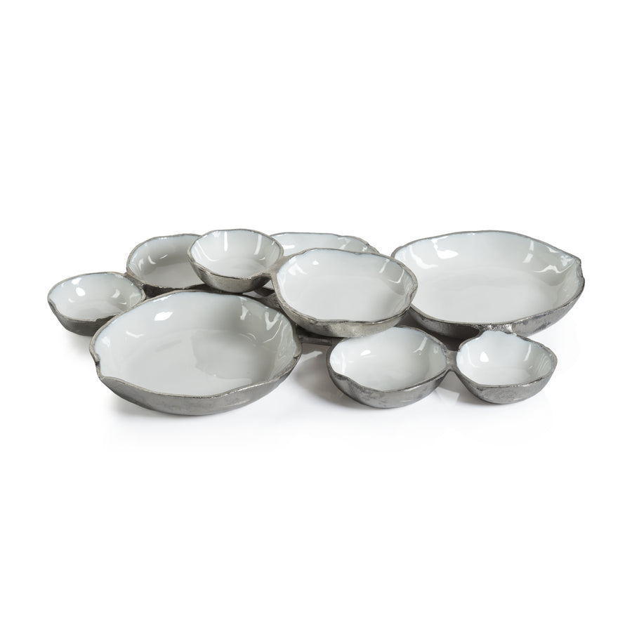 Cluster of Nine Round Serving Bowls - Nickel and White - Image 2