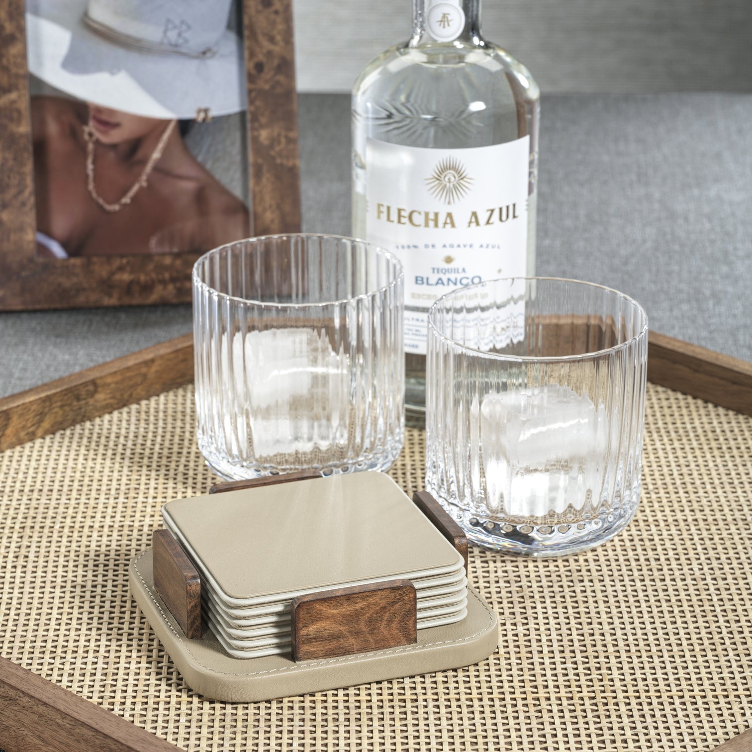 Sotto Leather with Burl Veneer Coaster Set of 6 - Cappuccino - Image 3