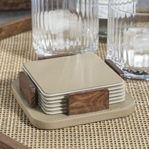 Sotto Leather with Burl Veneer Coaster Set of 6 - Cappuccino