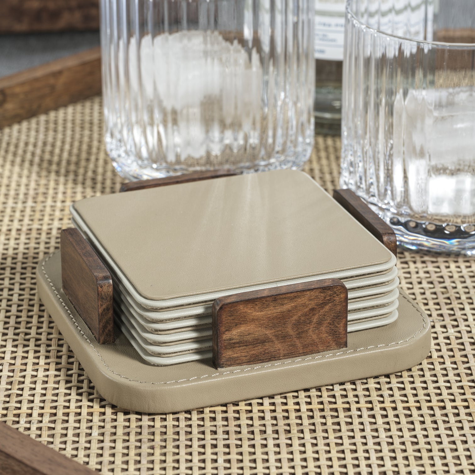 Sotto Leather with Burl Veneer Coaster Set of 6 - Cappuccino