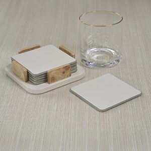 Sotto Leather with Burl Veneer Coaster Set of 6 - Ivory