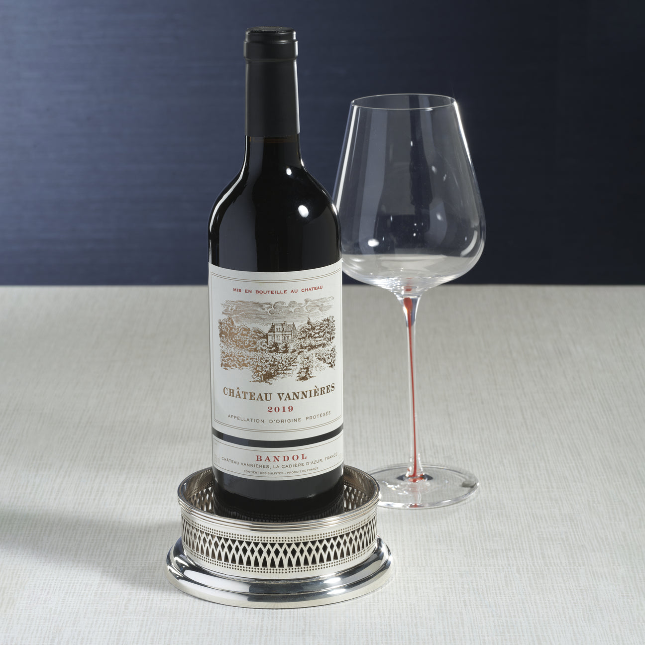 Sommelier's Edge Wine Bottle Coaster - Silver Plated w/ Wood Base