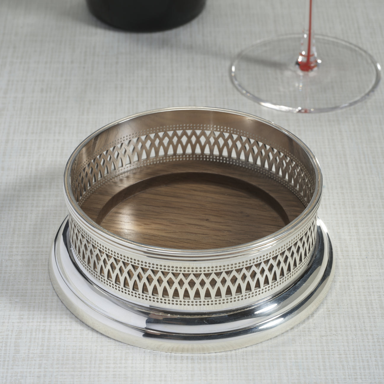 Sommelier's Edge Wine Bottle Coaster - Silver Plated w/ Wood Base - Image 3