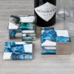 Set/4 Crete Agate Coasters on Metal Tray - Blue/White