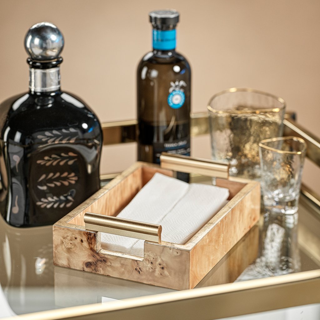 Leiden Burlwood Napkin Tray with Gold Handles